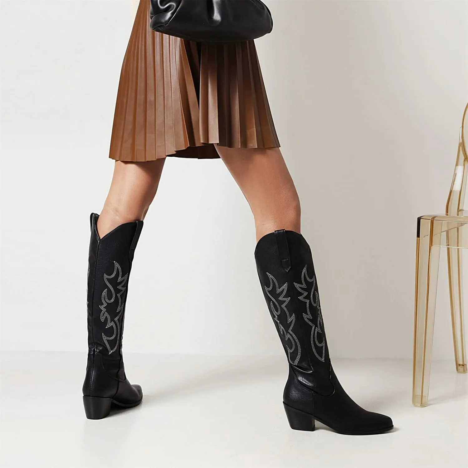 Ladmiple Cowgirl Boots Women Wide Calf Tall Embroidered Mid-Calf Western Boots Medium Block Chunky Heel Cowboy Boots