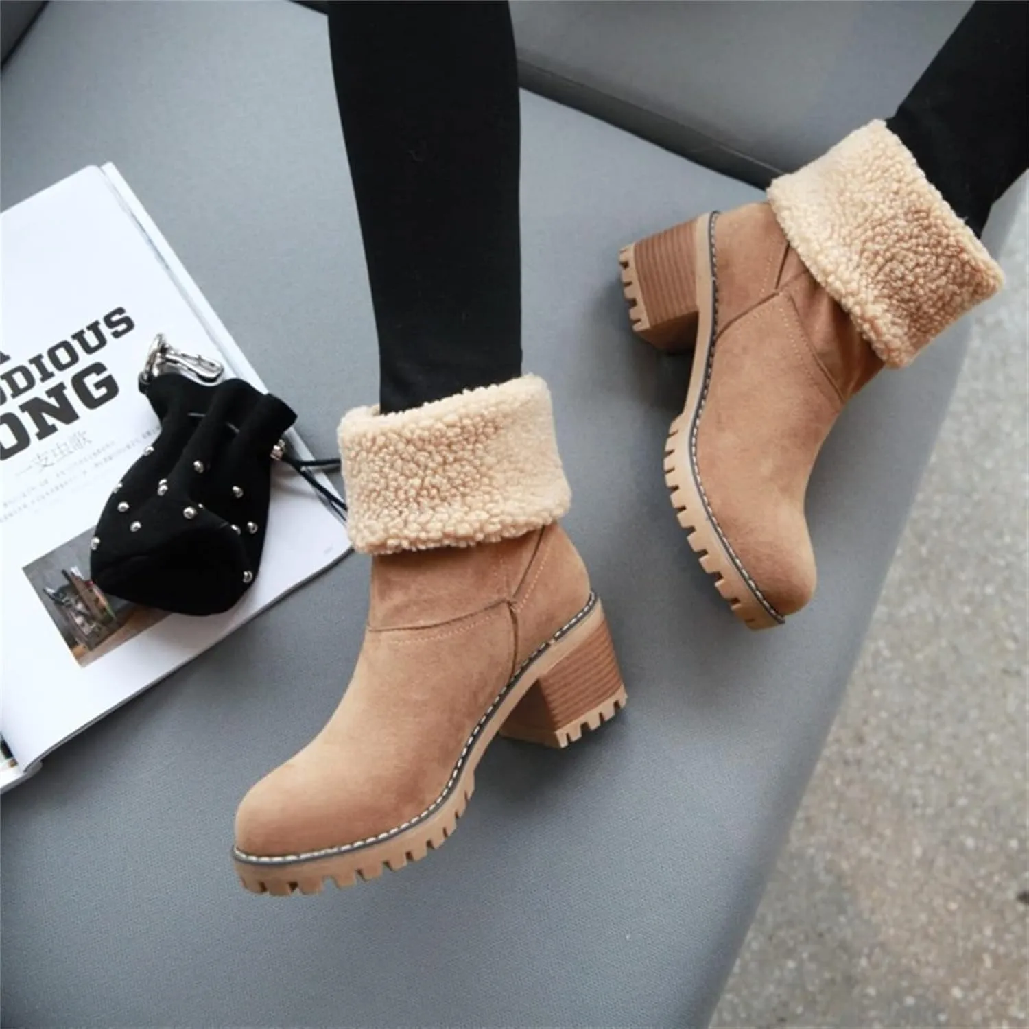 Ladmiple Snow Boots For Women Tall Mid Calf Winter Boots Warm Fashion Fur Lined Thickening Outdoor Comfortable Shoes