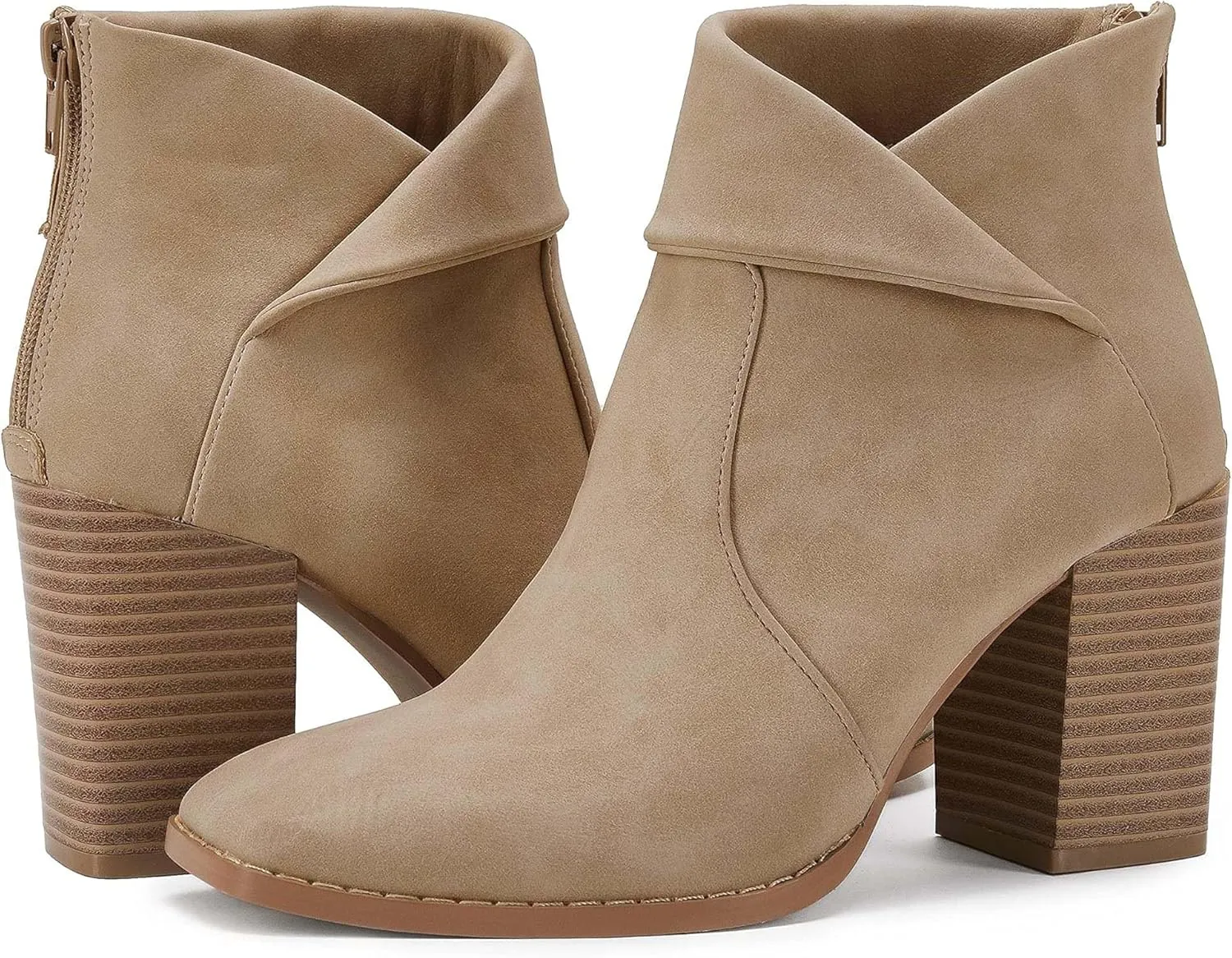 LAICIGO Women's Square Toe Ankle Boots High Chunky Stacked Heel Slip On Criss Cross Zipper Booties
