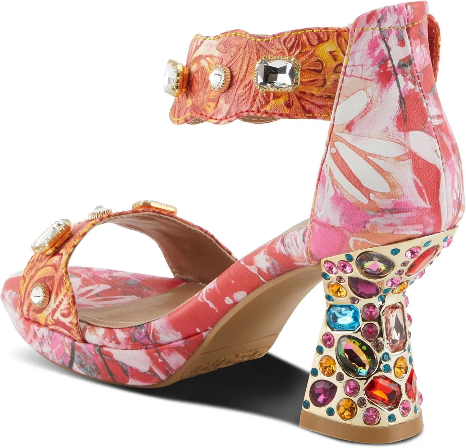 L'Artiste Jewell Women's Leather Sandals with Crystals, Strap, and Jewel Heel