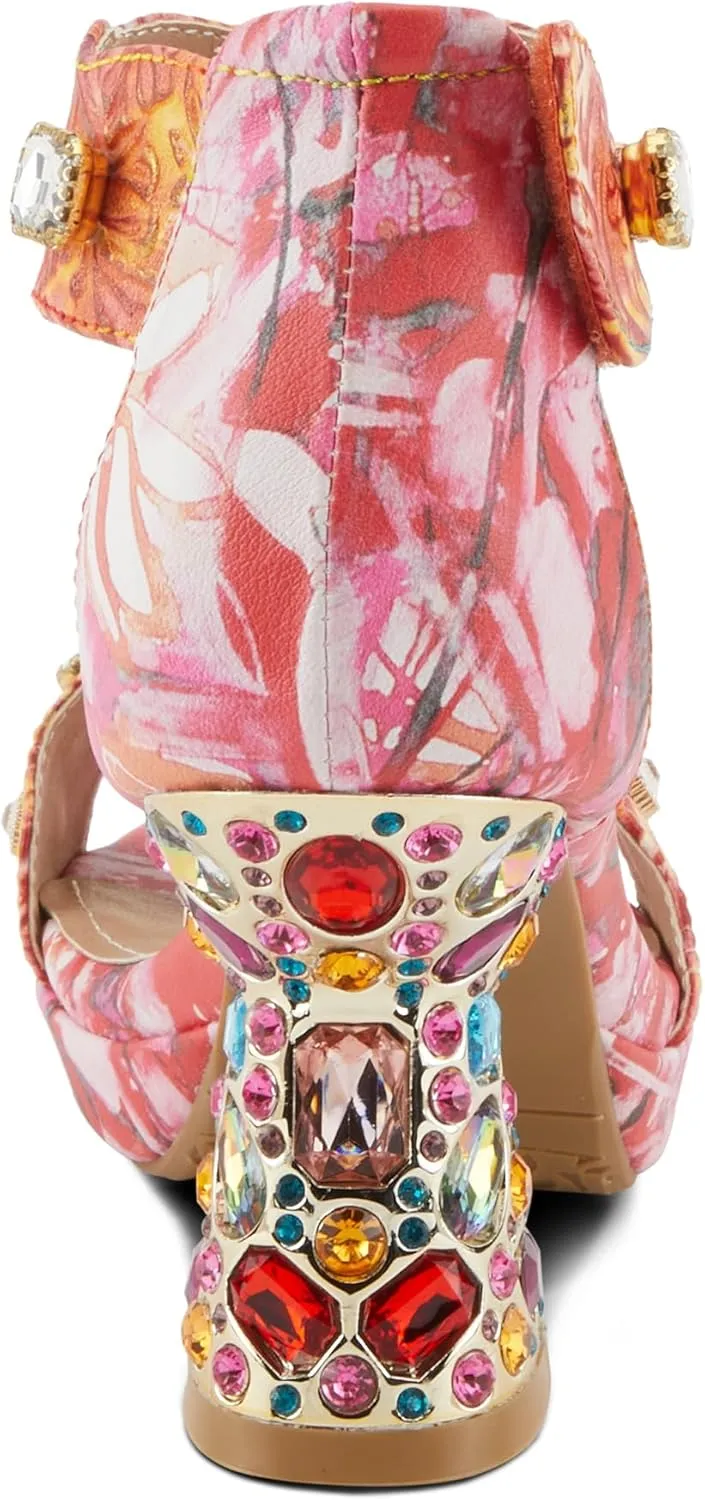 L'Artiste Jewell Women's Leather Sandals with Crystals, Strap, and Jewel Heel