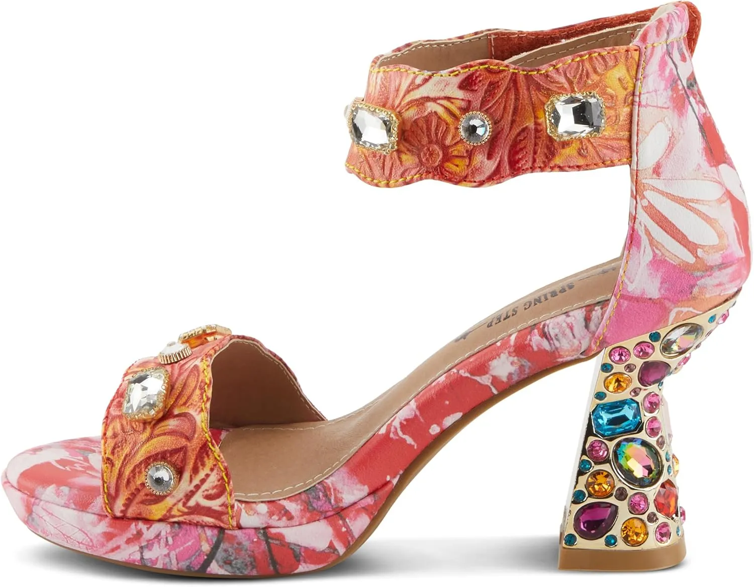 L'Artiste Jewell Women's Leather Sandals with Crystals, Strap, and Jewel Heel