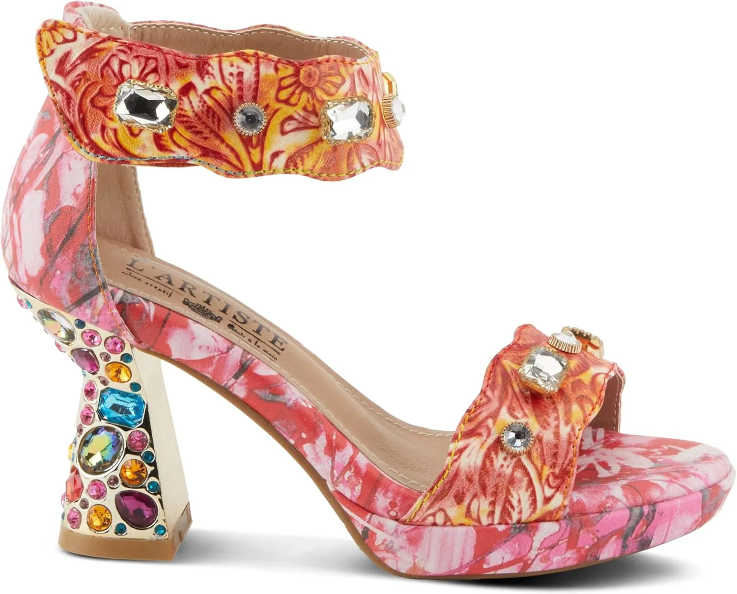 L'Artiste Jewell Women's Leather Sandals with Crystals, Strap, and Jewel Heel
