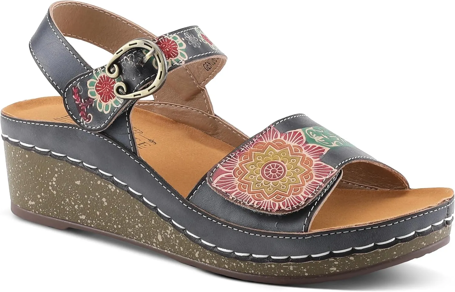 L'Artiste Women's ROSHNI Slingback Sandals – Hand-Painted Leather Floral Wedge with Adjustable Comfort Straps