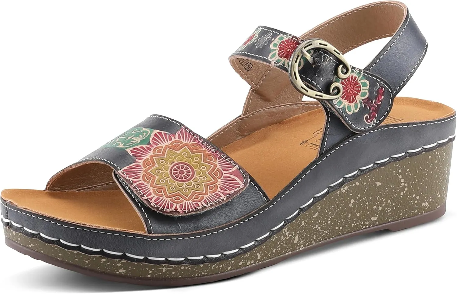 L'Artiste Women's ROSHNI Slingback Sandals – Hand-Painted Leather Floral Wedge with Adjustable Comfort Straps