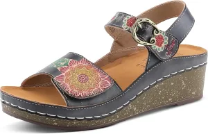 L'Artiste Women's ROSHNI Slingback Sandals – Hand-Painted Leather Floral Wedge with Adjustable Comfort Straps