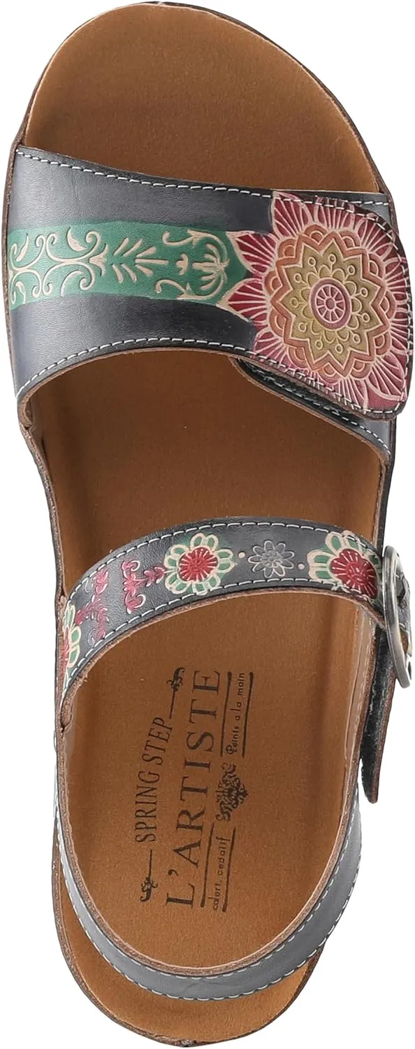 L'Artiste Women's ROSHNI Slingback Sandals – Hand-Painted Leather Floral Wedge with Adjustable Comfort Straps