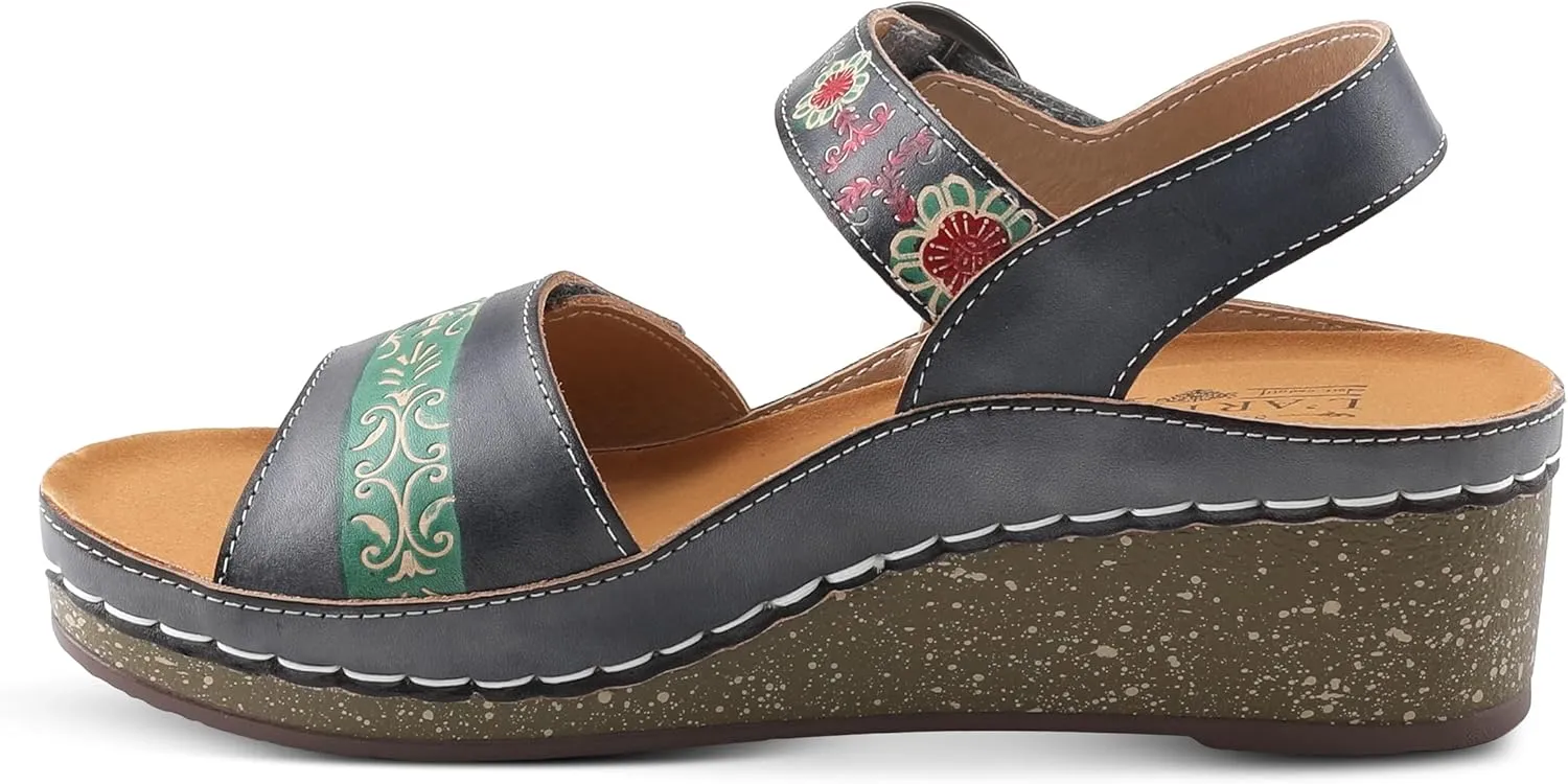 L'Artiste Women's ROSHNI Slingback Sandals – Hand-Painted Leather Floral Wedge with Adjustable Comfort Straps