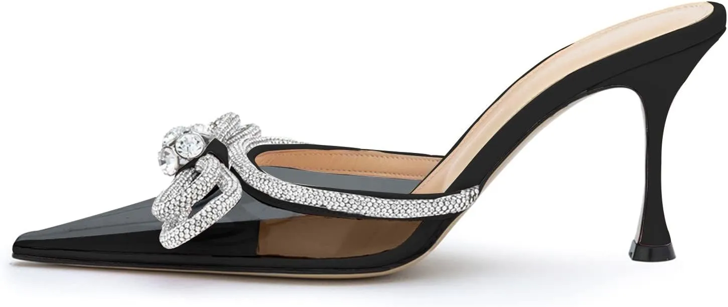 LauraVicci Women High Heeled Clear Mules Double Bow Heels Rhinestone Embellished Crystal Pointy Toe Sandals Stiletto Shoes Summer Bridal Shoes Black Size 8.5