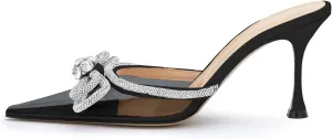 LauraVicci Women High Heeled Clear Mules Double Bow Heels Rhinestone Embellished Crystal Pointy Toe Sandals Stiletto Shoes Summer Bridal Shoes Black Size 8