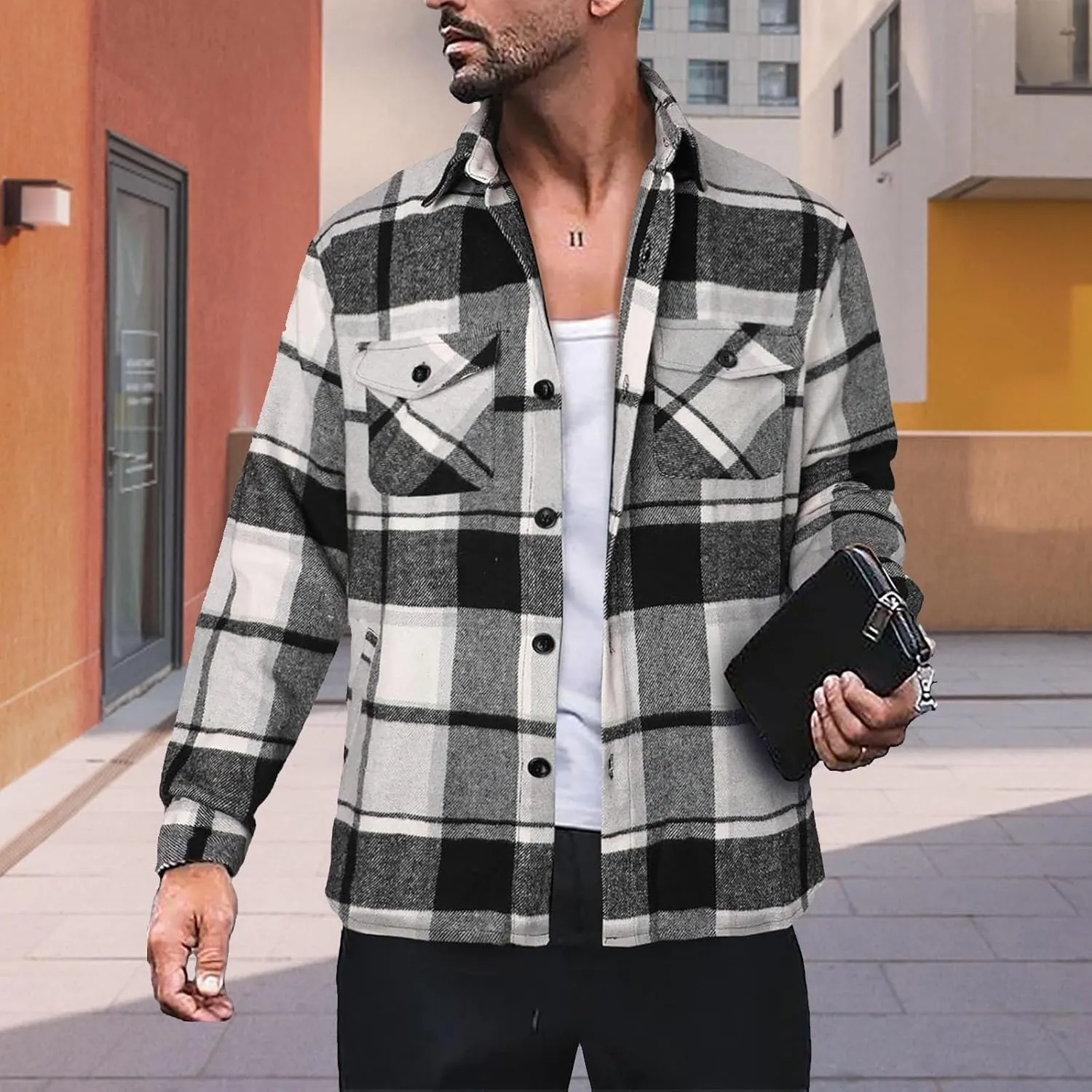 LCMTWX Men's Fleece Lined Flannel Shirt Jacket Sweatshirt Jacket Button Collar Warm Sweater Coat Shirt Plaid Cotton
