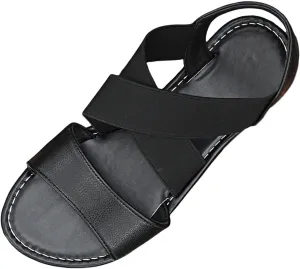 Leather Sandals for Women Retro Elastic Cross Strap Flat Sandals Open Toe Slip On Roman Shoes Adjustable Buckle Beach Slippers