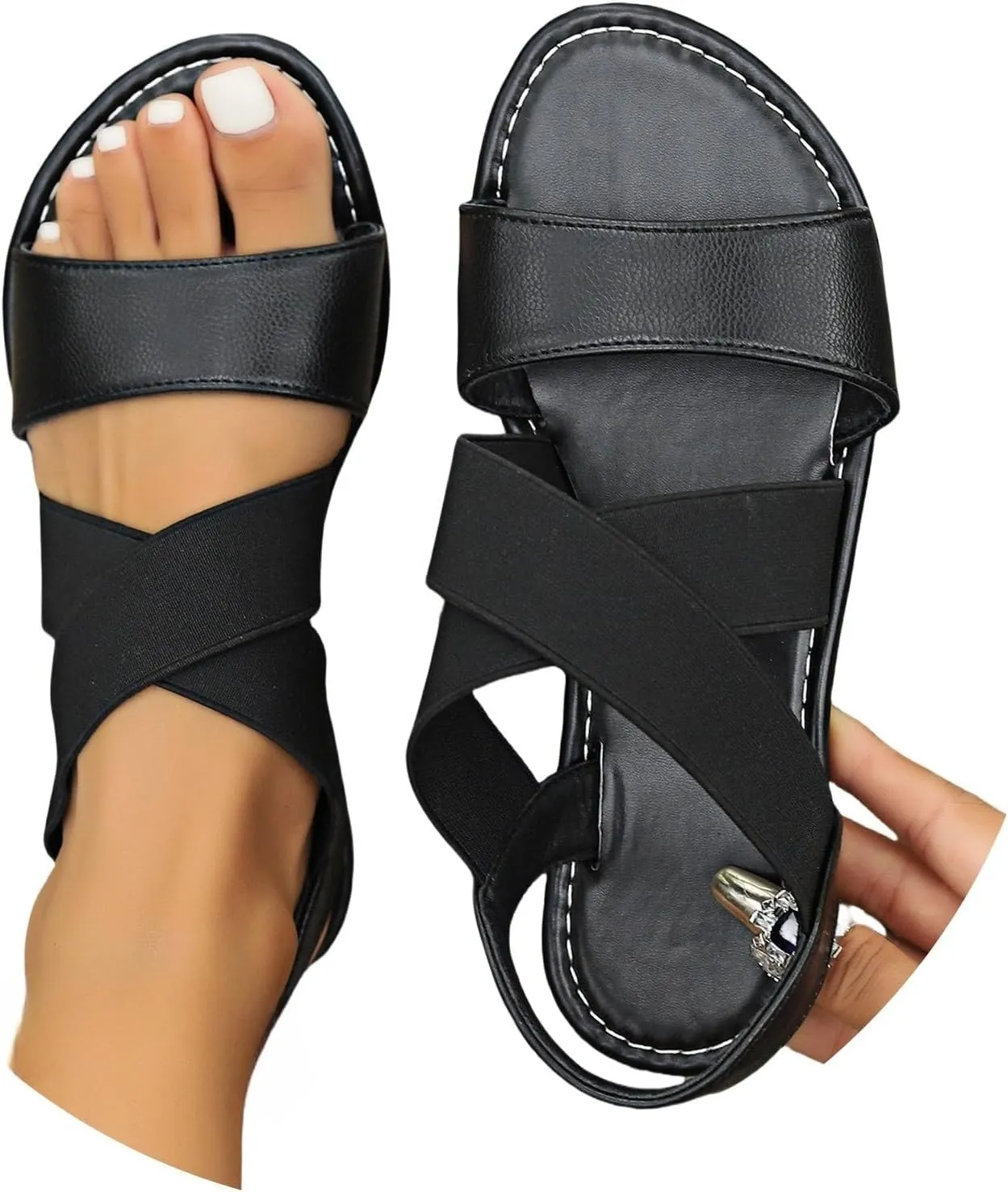 Leather Sandals for Women Retro Elastic Cross Strap Flat Sandals Open Toe Slip On Roman Shoes Adjustable Buckle Beach Slippers