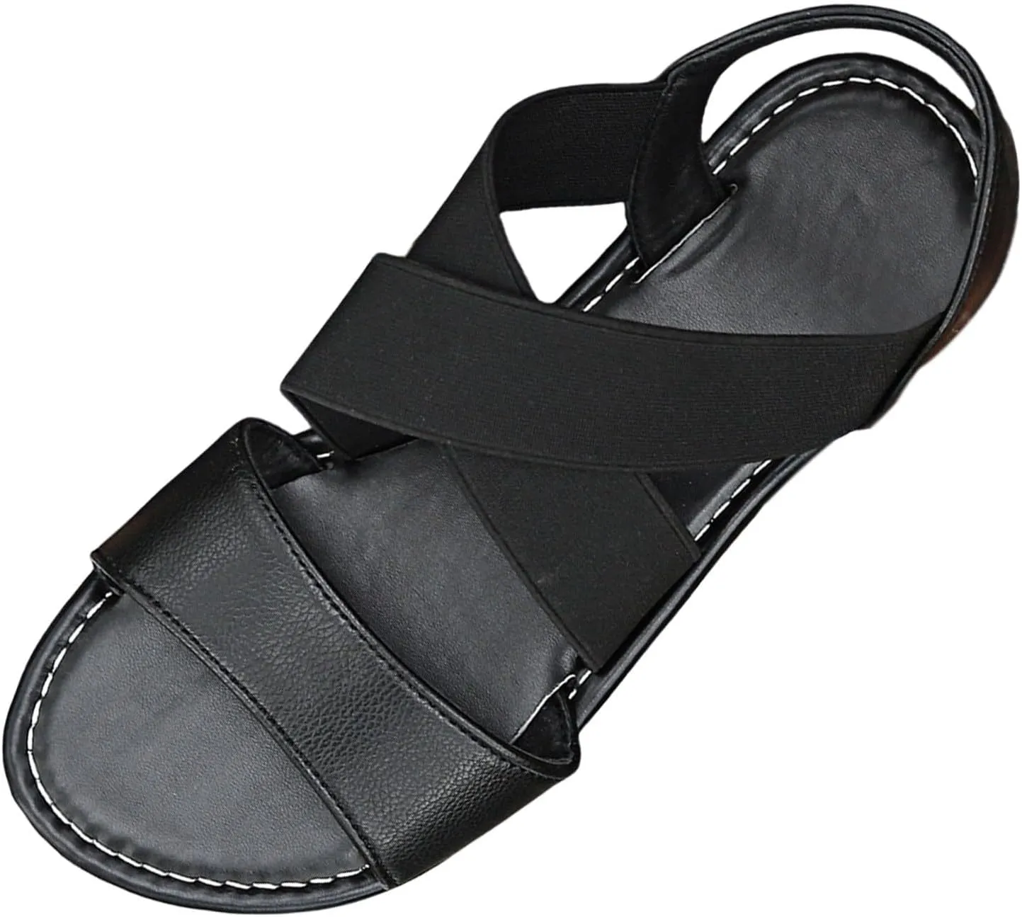 Leather Sandals for Women Retro Elastic Cross Strap Flat Sandals Open Toe Slip On Roman Shoes Adjustable Buckle Beach Slippers