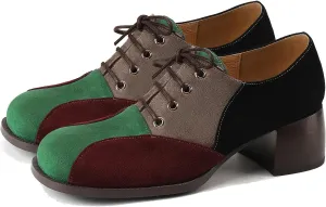 LEHOOR Women Chunky Block Heel Loafer Shoes Round Toe Lace Up Oxford Pumps Colorful Vintage Suede Heeled Oxford Shoes Multicolor Patchwork Fashion Cute Casual Walking Oxford Loafers 4-9.5 M US