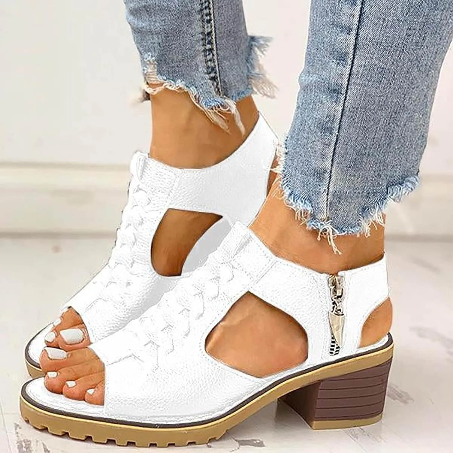 Libiyi Platform Sandals for Women Summer Dressy 2025, Libiyi Open Toe Cutout Zipper Chunky Heeled Wedges Sandals New Hollow Fish Mouth Sandals Slip on Beach Boho Comfortable Outdoor Shoes
