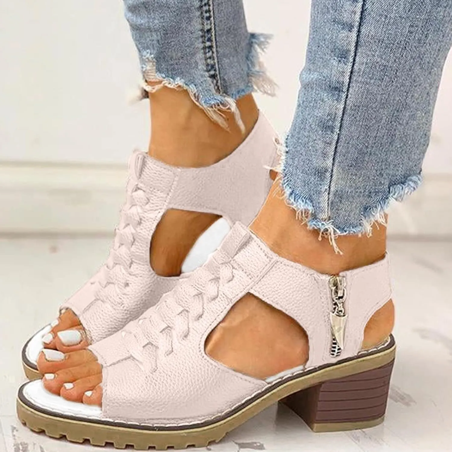 Libiyi Platform Sandals for Women Summer Dressy 2025, Libiyi Open Toe Cutout Zipper Chunky Heeled Wedges Sandals New Hollow Fish Mouth Sandals Slip on Beach Boho Comfortable Outdoor Shoes