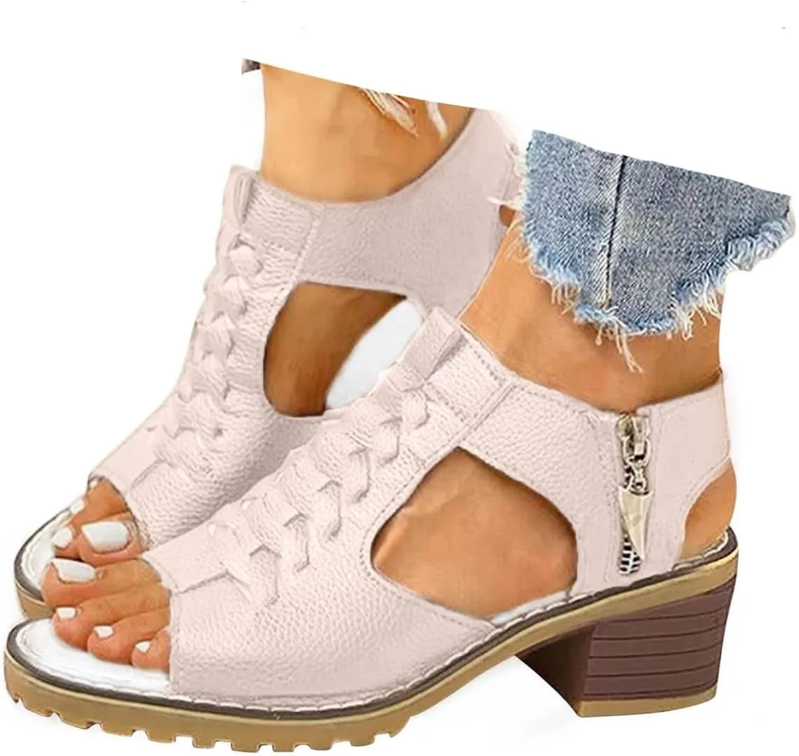 Libiyi Platform Sandals for Women Summer Dressy 2025, Libiyi Open Toe Cutout Zipper Chunky Heeled Wedges Sandals New Hollow Fish Mouth Sandals Slip on Beach Boho Comfortable Outdoor Shoes