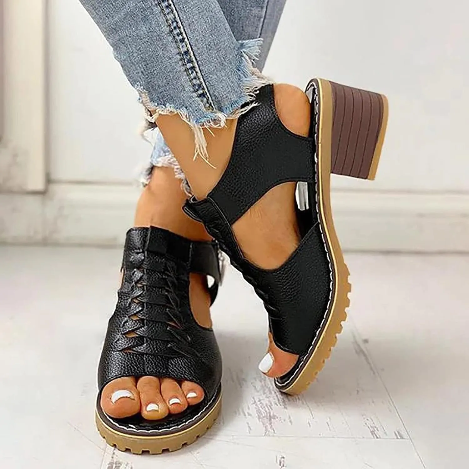 Libiyi Platform Sandals for Women Summer Dressy 2025, Libiyi Open Toe Cutout Zipper Chunky Heeled Wedges Sandals New Hollow Fish Mouth Sandals Slip on Beach Boho Comfortable Outdoor Shoes