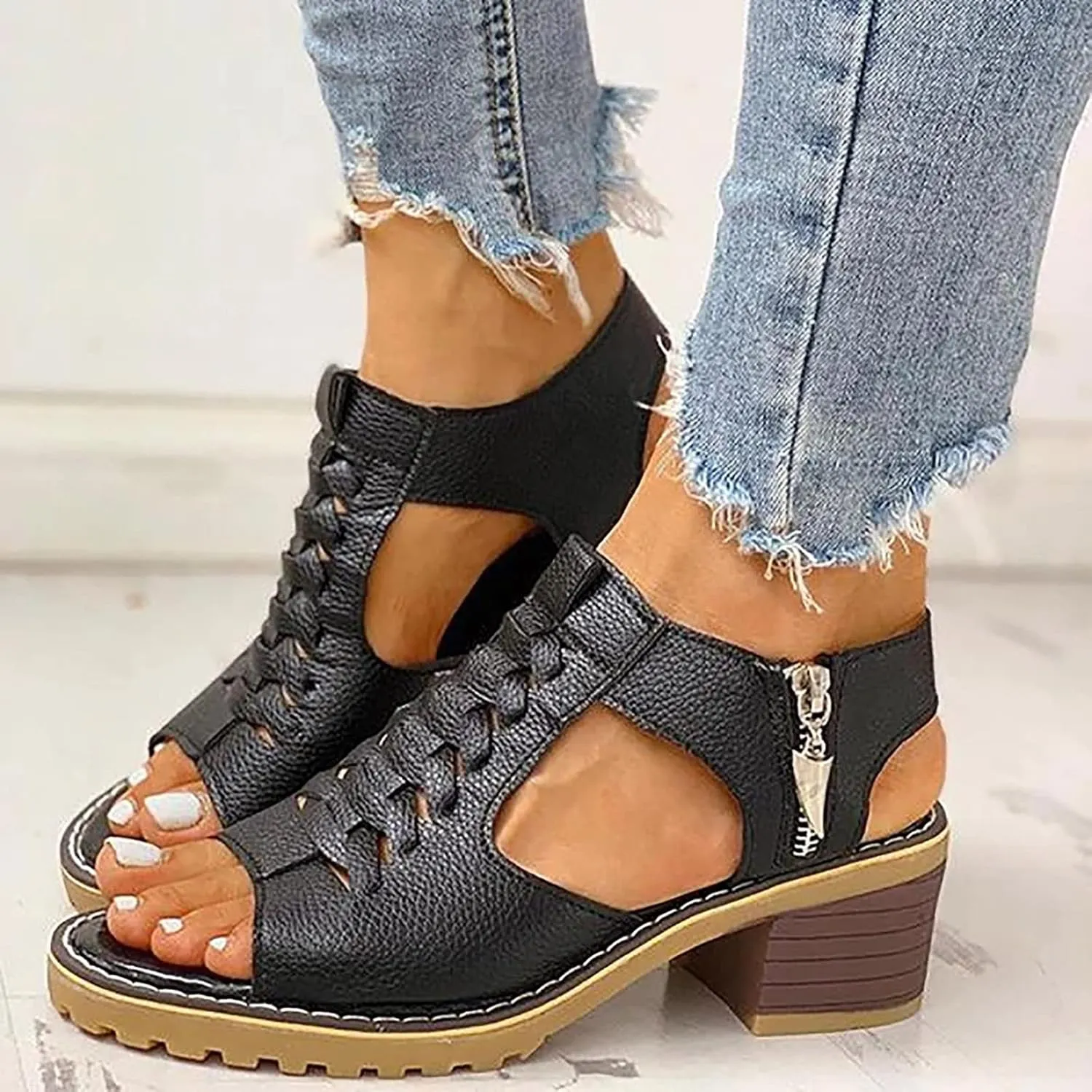 Libiyi Platform Sandals for Women Summer Dressy 2025, Libiyi Open Toe Cutout Zipper Chunky Heeled Wedges Sandals New Hollow Fish Mouth Sandals Slip on Beach Boho Comfortable Outdoor Shoes