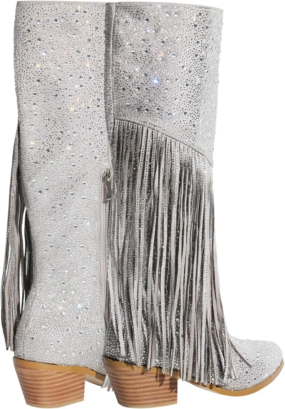 LISHAN Women's Bling bling Heel Knee High Boots Rhinestone Chunky Block Heel Pull on Shoes