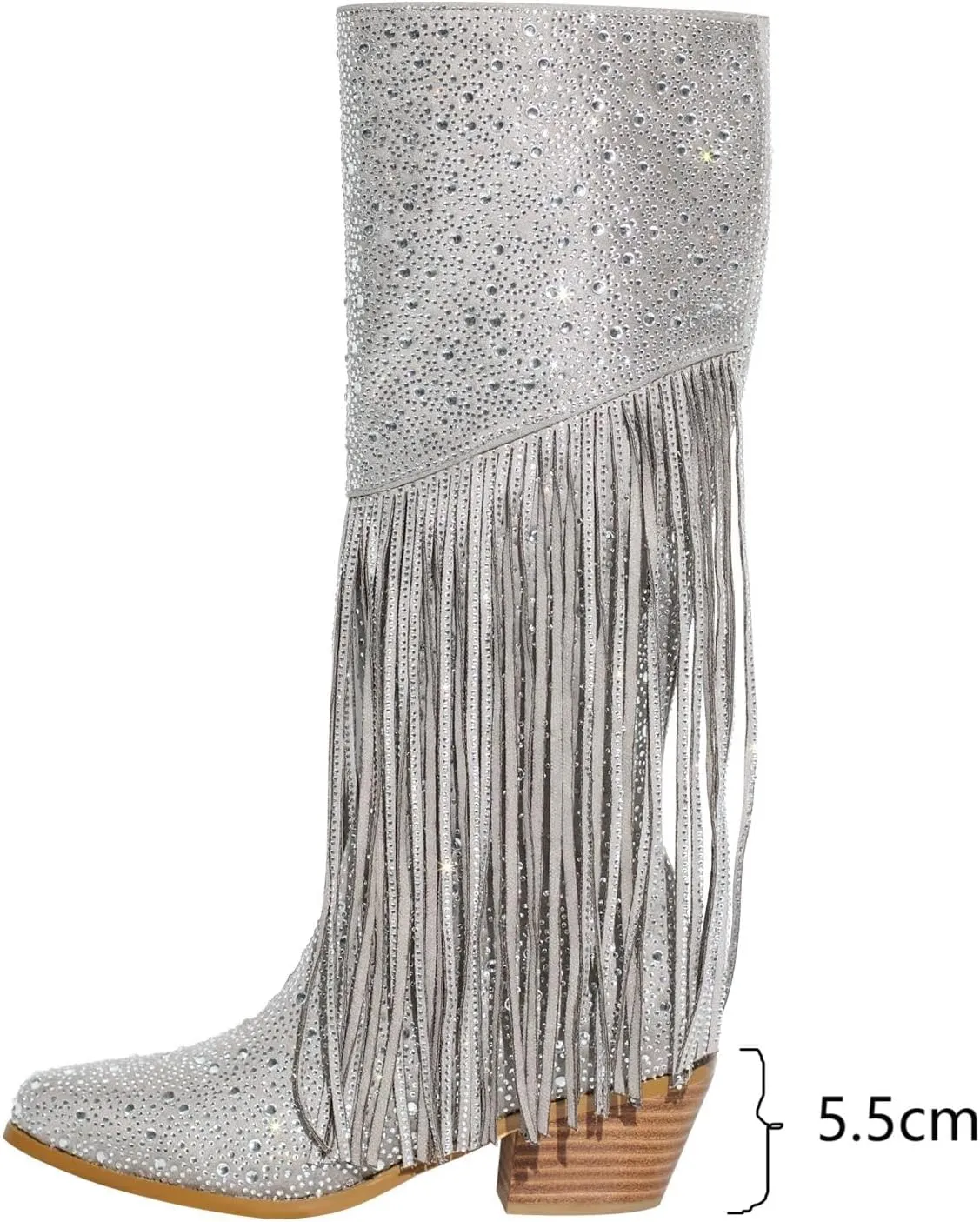 LISHAN Women's Bling bling Heel Knee High Boots Rhinestone Chunky Block Heel Pull on Shoes