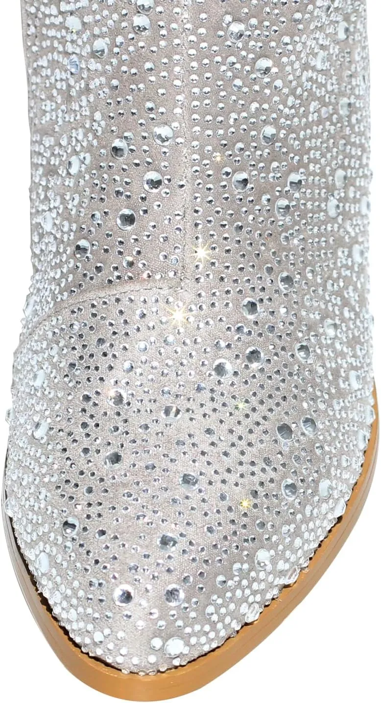 LISHAN Women's Bling bling Heel Knee High Boots Rhinestone Chunky Block Heel Pull on Shoes