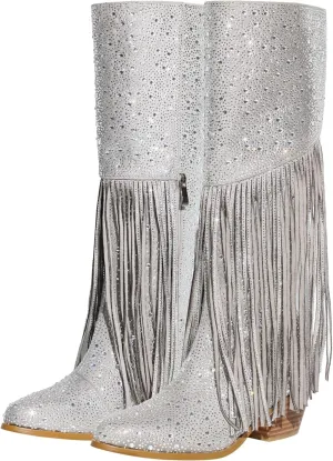 LISHAN Women's Bling bling Heel Knee High Boots Rhinestone Chunky Block Heel Pull on Shoes