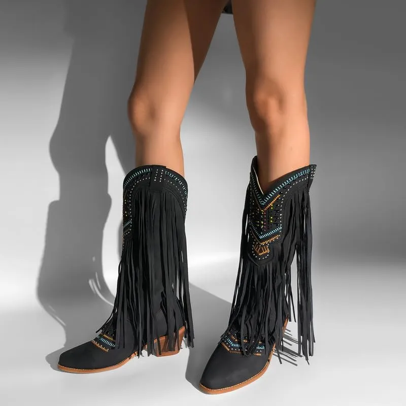 LISHAN Women's Western Cowboy Cowgirl Boots Fringed Tassel Block Heels Embroidered Calf High Boots