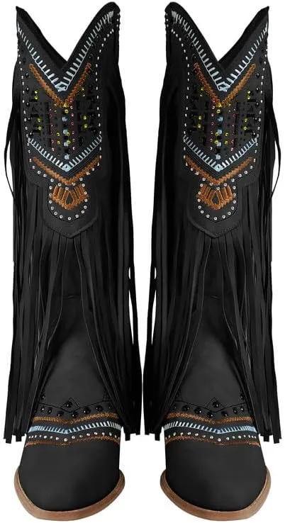 LISHAN Women's Western Cowboy Cowgirl Boots Fringed Tassel Block Heels Embroidered Calf High Boots