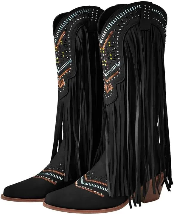 LISHAN Women's Western Cowboy Cowgirl Boots Fringed Tassel Block Heels Embroidered Calf High Boots