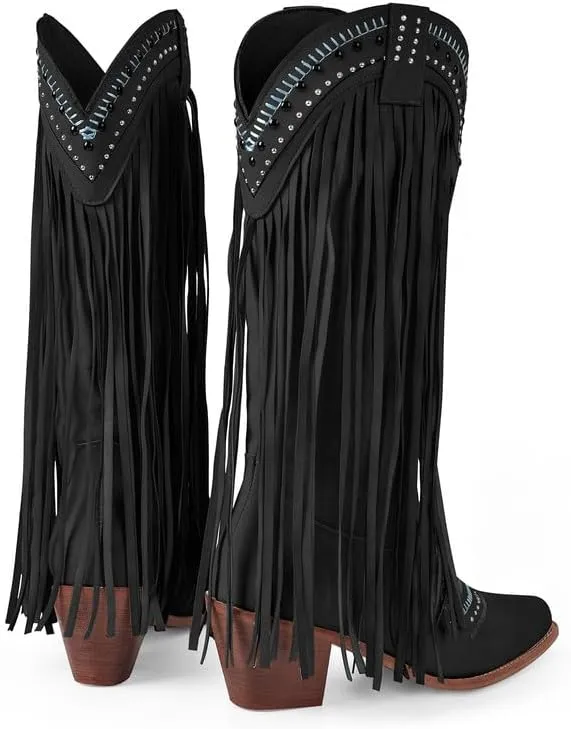 LISHAN Women's Western Cowboy Cowgirl Boots Fringed Tassel Block Heels Embroidered Calf High Boots