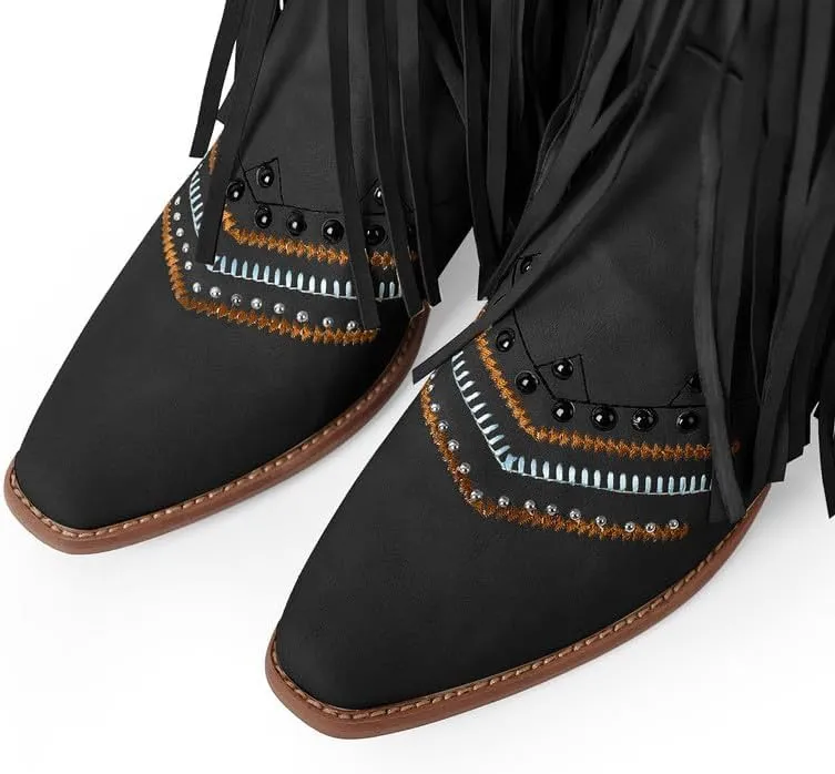 LISHAN Women's Western Cowboy Cowgirl Boots Fringed Tassel Block Heels Embroidered Calf High Boots