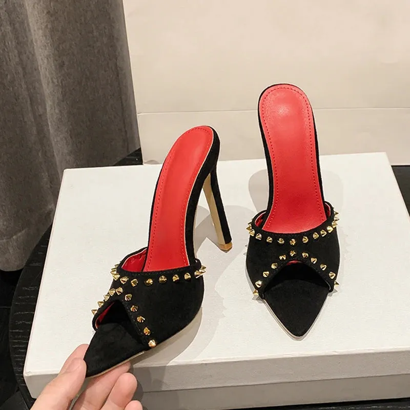 Liyke Luxury Rivet Heels – 2025 Glam Pointed Toe Mules for Bold & Stylish Women™