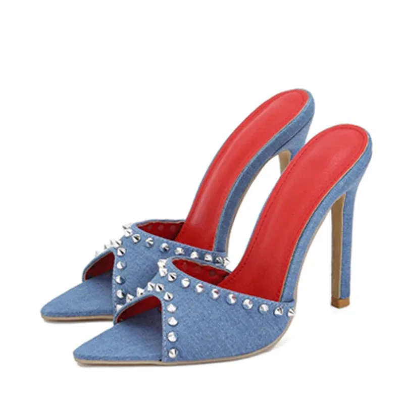 Liyke Luxury Rivet Heels – 2025 Glam Pointed Toe Mules for Bold & Stylish Women™