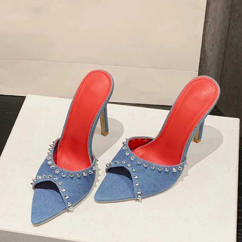 Liyke Luxury Rivet Heels – 2025 Glam Pointed Toe Mules for Bold & Stylish Women™