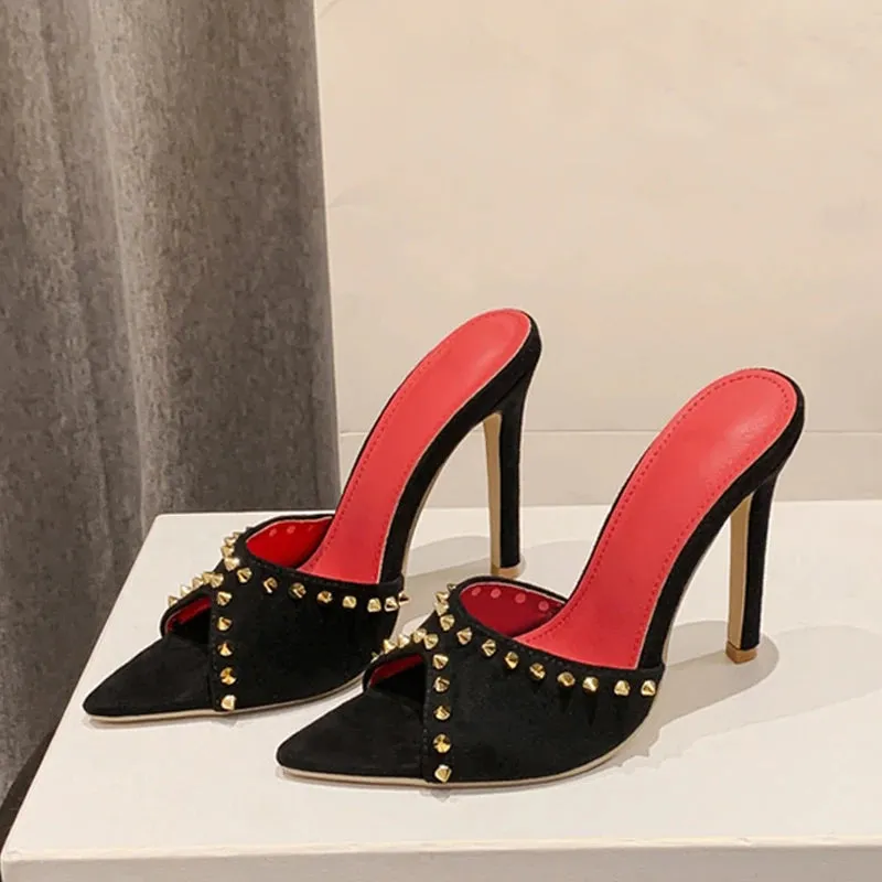 Liyke Luxury Rivet Heels – 2025 Glam Pointed Toe Mules for Bold & Stylish Women™