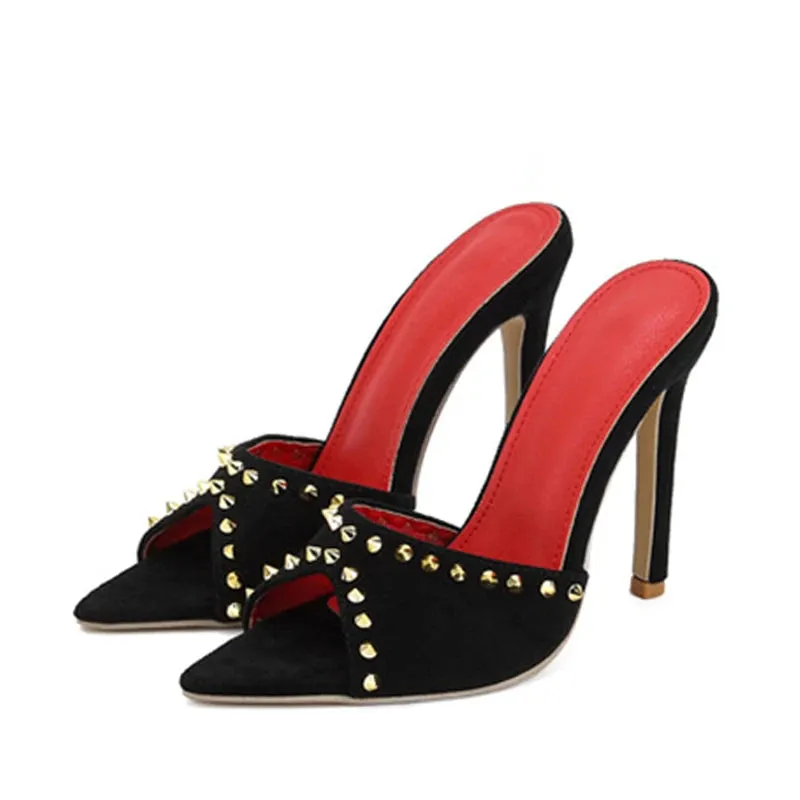 Liyke Luxury Rivet Heels – 2025 Glam Pointed Toe Mules for Bold & Stylish Women™