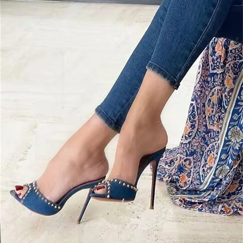 Liyke Luxury Rivet Heels – 2025 Glam Pointed Toe Mules for Bold & Stylish Women™