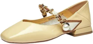 Loafers for Women Elegant Women's Ballet Shoes - Genuine Cow Leather Square Toe Slip-On Loafers with Pearl Chain Detail