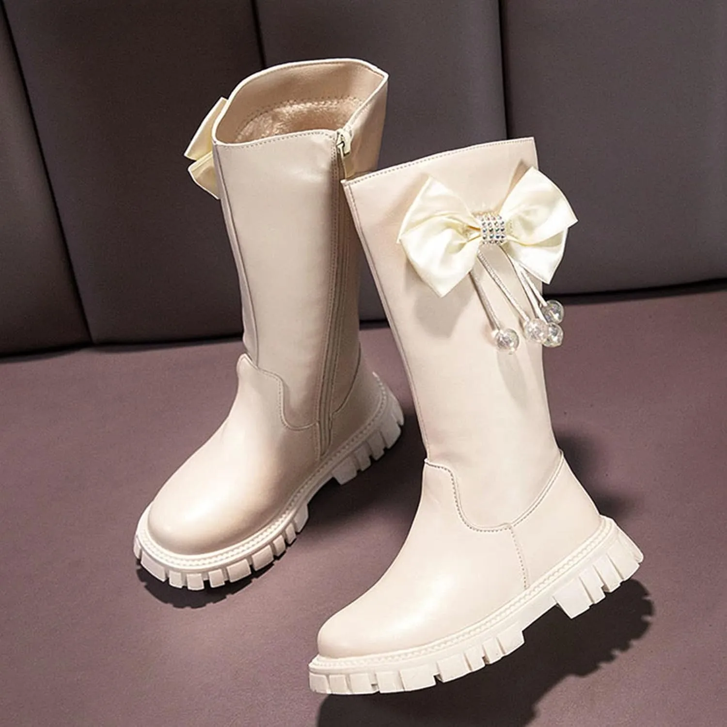 Long Leather Boots For Girls Kids Baby Toddler Zipper Leather Slip On Flat Boots Outdoor 𝐖aterproof Cozy Long Shoes