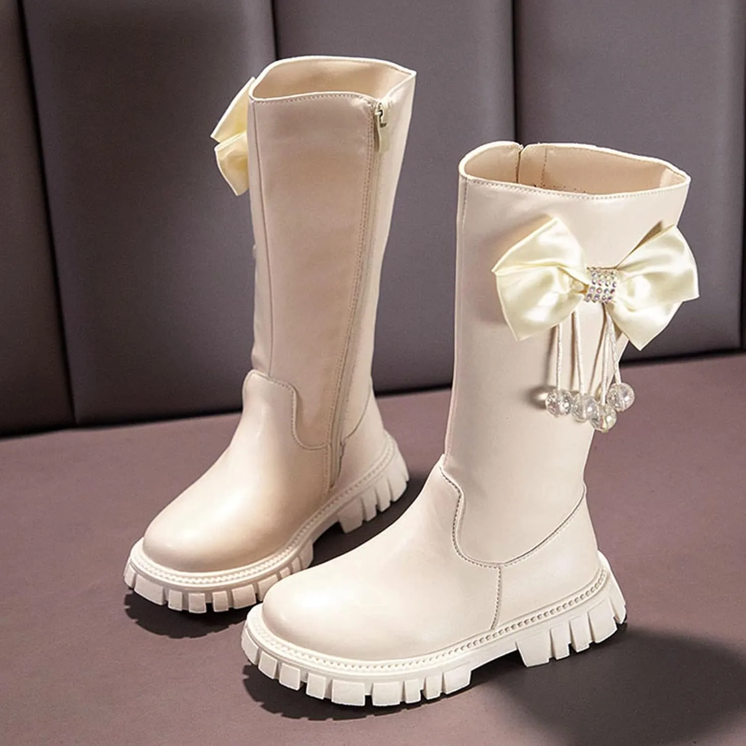 Long Leather Boots For Girls Kids Baby Toddler Zipper Leather Slip On Flat Boots Outdoor 𝐖aterproof Cozy Long Shoes