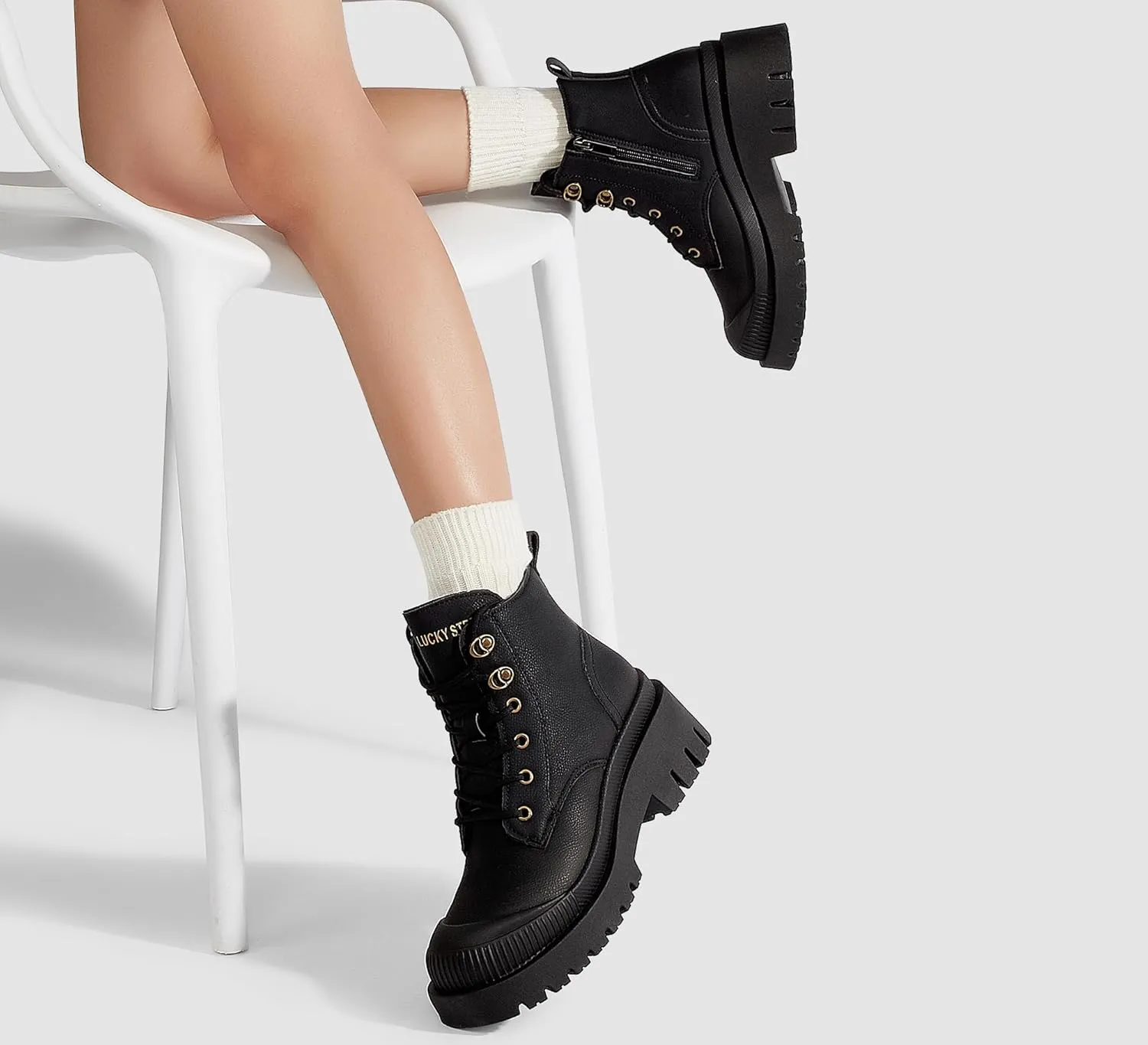 LUCKY STEP Women's Platform Ankle Boots Zipper Fashion Combat Thick Lug Sole Durable Chunky Wedge Booties Shoes