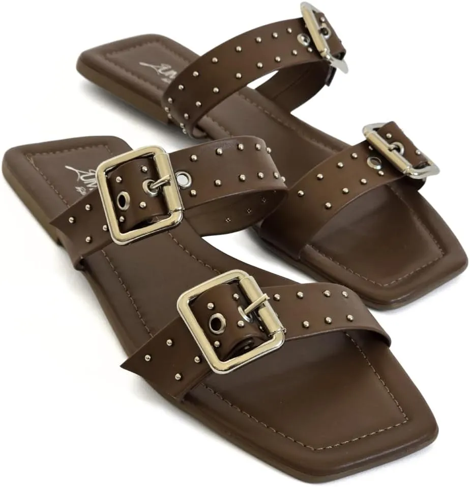 LUMINOSA Women's Double Strap Sandals with Buckle and Stud Detailing