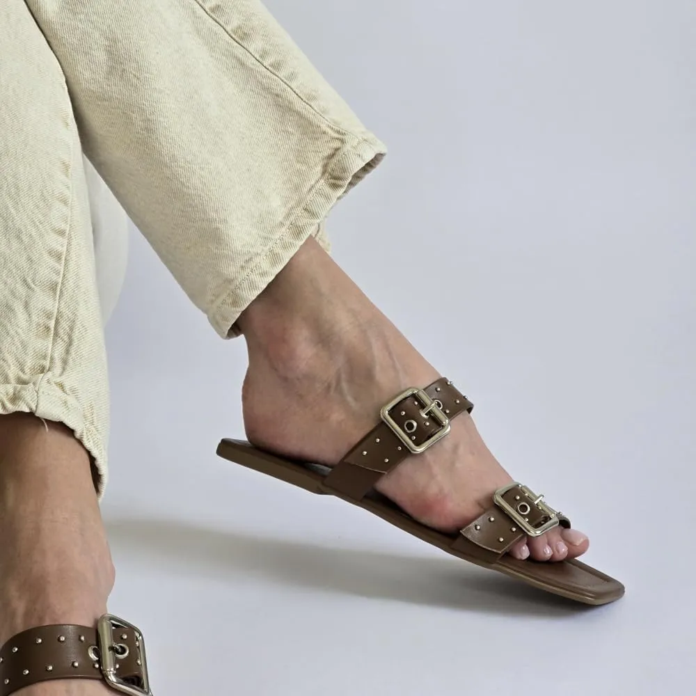 LUMINOSA Women's Double Strap Sandals with Buckle and Stud Detailing