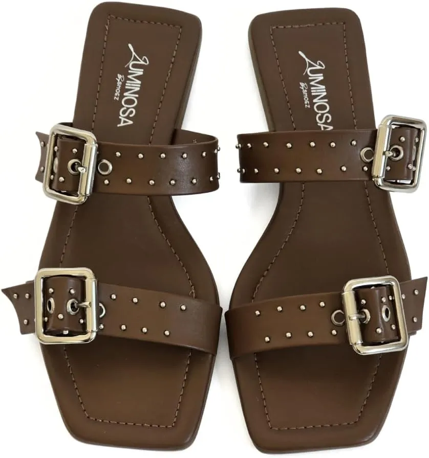 LUMINOSA Women's Double Strap Sandals with Buckle and Stud Detailing