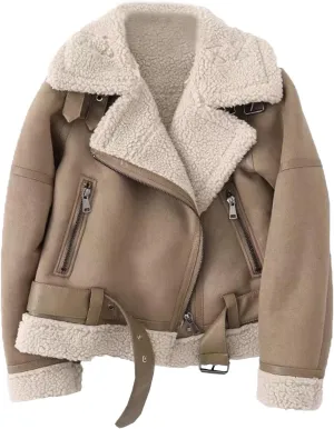 LY VAREY LIN Women's Faux Shearing Moto Jacket Thick Lined Parka Winter Shearling Coat Leather Jacket