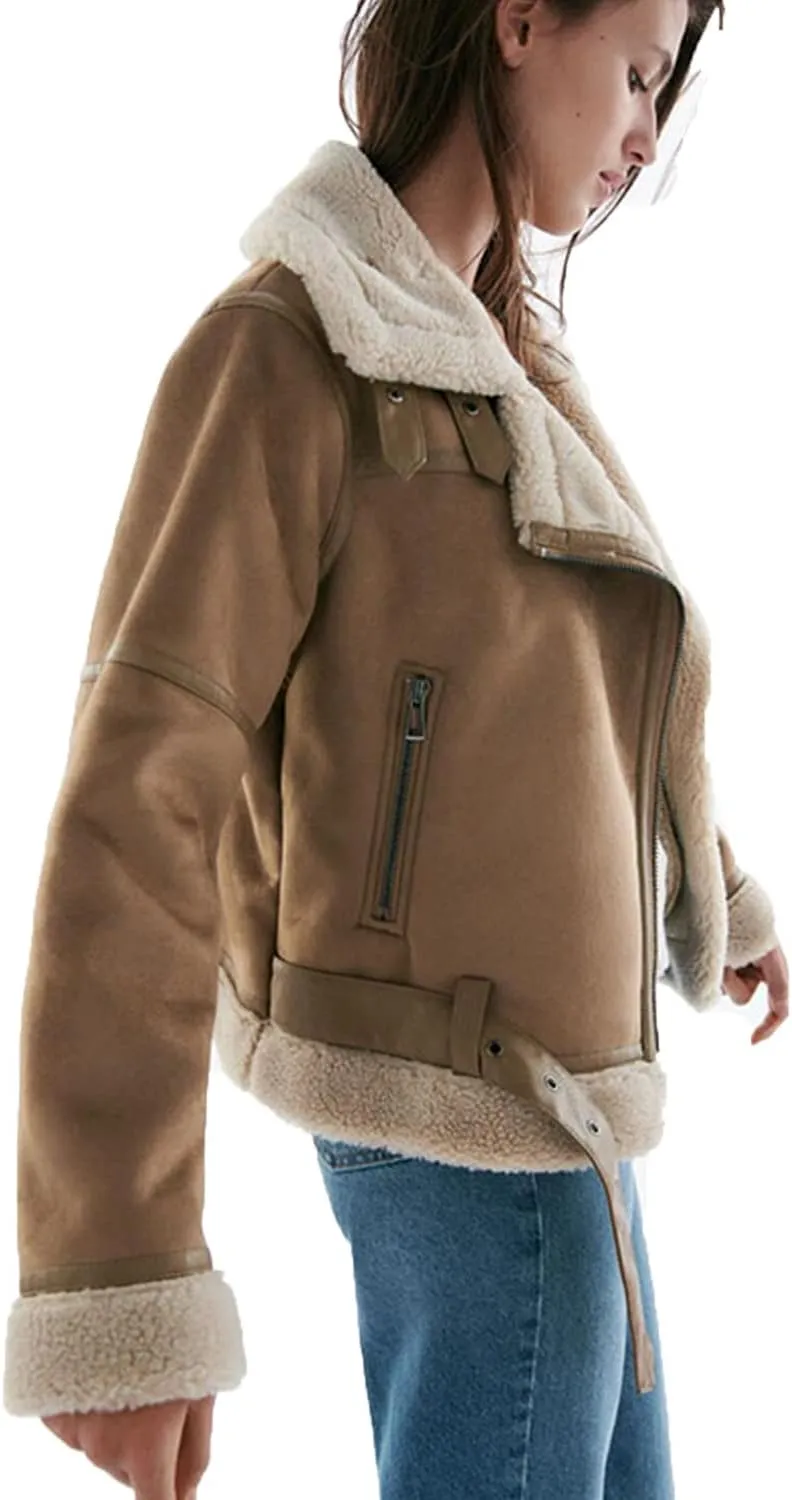 LY VAREY LIN Women's Faux Shearing Moto Jacket Thick Lined Parka Winter Shearling Coat Leather Jacket