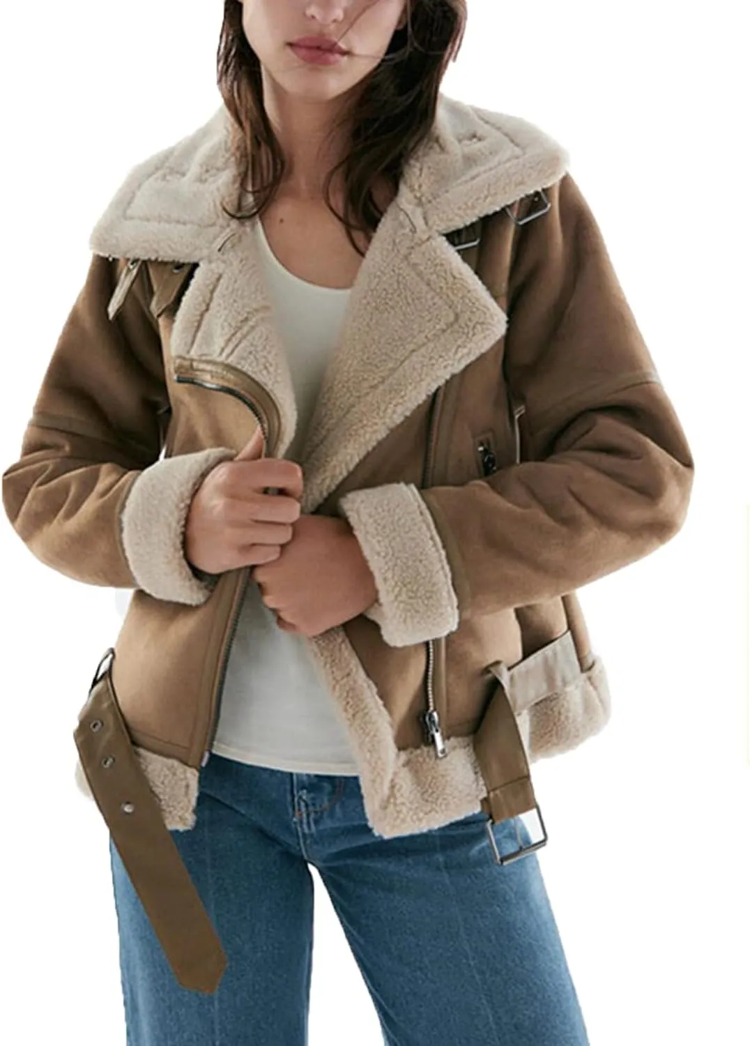 LY VAREY LIN Women's Faux Shearing Moto Jacket Thick Lined Parka Winter Shearling Coat Leather Jacket
