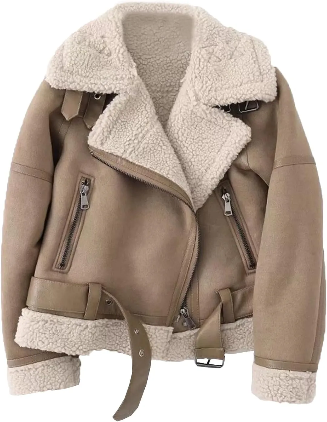 LY VAREY LIN Women's Faux Shearing Moto Jacket Thick Lined Parka Winter Shearling Coat Leather Jacket